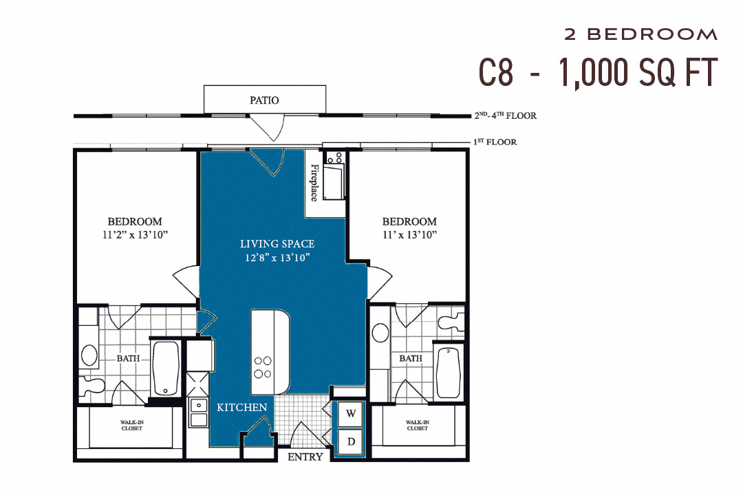 Floor plan for 2 beds, 2 baths, 1000 sqft
